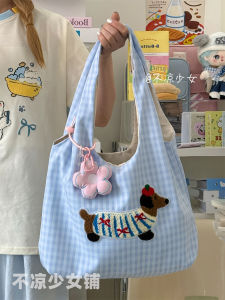 Cute Sausage Dog Canvas Tote Bag Large Capacity Single Shoulder Bag Korean Style Artistic Girls Handbag Casual Sweet School Style