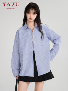 Áo Sơ Mi Nữ Tay Dài Cổ Polo Màu Xanh Sọc Kiểu Hàn Quốc Mùa Xuân Mới Đa Năng Lót Cotton Polyester Thường Ngày Dài Vừa Phải