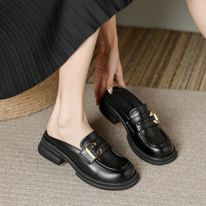 Womens Spring 2025 Mule Shoes Thick Heel Slip-On Loafers Outdoor Wear Half Slippers Comfortable Rubber Sole Smooth Leather