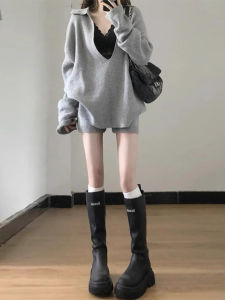 Fall and Winter Gray Knitted Sweater Suit Female 2024 New Arrival Plus Size Plus Size Ladies Loose Slim Fit Slimming Shorts Two-piece Set