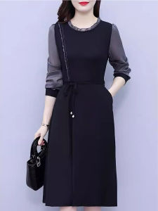 Elegant A-Line Long Sleeve Dress with Wood Grain Ruffle Design for Commuting Autumn New Style Fashionable Youthful Skirt