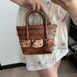 Portable Black Leather Kitty Bag Super Load-Bearing Woven Bamboo Rattan Handbag Original Design Style Casual Cartoon Pattern