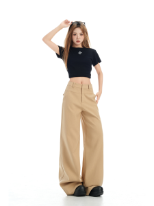 Khaki American Wide Leg Pants Womens High Waist Loose Casual Straight Cut Trousers PVJ Brand Retro Style Polyester Fiber