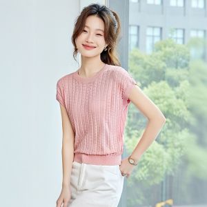 Fashionable Hollow out round Neck Short Sleeve Knitted T-Shirt Womens Summer New Style Thin Pure Color Top Casual Loose Fit