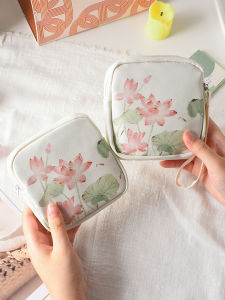 กระเป๋าใส่เหรียญลายดอกบัวสไตล์จีน Mini Zipper Wallet กระเป๋าเครื่องสำอางสุดน่ารัก กระเป๋าใส่กุญแจ กระเป๋าสะพายไหล่ PU กระเป๋าสตางค์ผู้หญิง