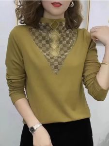 WANGGONGZHU | Fashionable Diamond Embedded Half High Collar Womens Base Shirt Spring Autumn Inner Wear Korean Style Slim Fit Long Sleeve