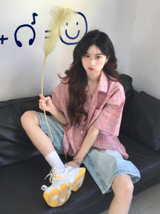 Colorful Plaid Short Sleeve Bubble Shirt Womens Loose Casual Cuban Collar Couple Checkered Shirt Summer Thin Korean Style