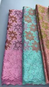 Luxury Green African Swiss Voile Lace Fabric Hollow Floral Embroidery Rhinestone Nigerian Cotton Lace For Wedding Party Dress