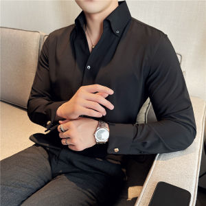 French Style Slim Fit Long Sleeve Mens Shirt Formal Wedding Party Fashionable Polyester Blend Washed Standard Fit White Shirt