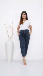 NHN JEANS - Celana Joger Jeans Kancing Wanita Snow Black & Snow Blue