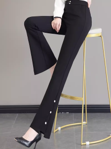 High-Waist Micro-Length Black Pants for Women Spring-Autumn Lightweight Wide-Leg Casual Pants with Pocket New Style