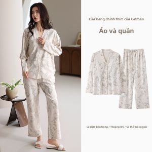 Áo ngủ nữ MiiOW bằng cotton tay dài cổ chữ V rộng rãi