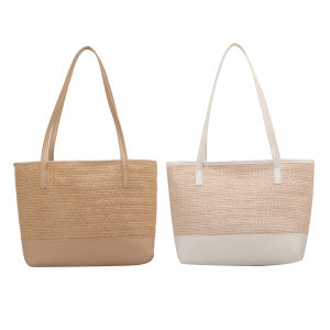 5TH Large Capacity Straw Woven Handbag Women PU Leather Splicing Shoulder Totes Bags