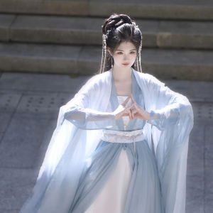 Blue Hanfu Womens Straight Skirt Sleeveless Ancient Costume Set Adult Size New 2025 Style Cold Tone Large Sleeve Top And Skirt