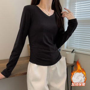 Áo Thun Dài Tay Cỡ Lớn Cho Nữ Mùa Xuân Thu Màu Trơn Ôm Vừa Vặn Cổ Chữ V Vai Thường Màu Trắng Chất Liệu Polyester