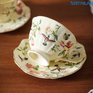 JUSTINLAU  Palace Style Gold Flower Bird Coffee Cup and Plate Set Retro Ceramic High Aesthetic Home Afternoon Tea Cup Mugs
