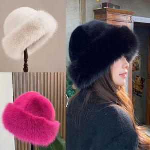 Womens Warm Winter Hat Fluffy Fur Bucket Hat for Women Plush Fisherman Hat Thicken Cold Snowy Day Panama Cap Earflap Hat