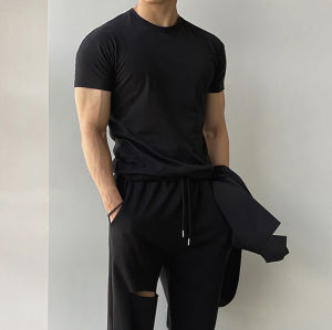 American Hard Han Style Pure Cotton T-Shirt Mens Silm Breathable Workout Short Sleeve Tops Cotton Inner Bottoming Shirt Tide