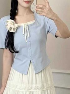 Blue French Style Square Collar Lace Splicing Short Sleeve T-Shirt Womens Slimming Top Summer Cotton Youth Fashion Commute