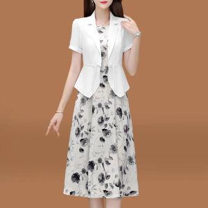 MAIMEI | Elegant Mommy Summer 2025 Two-Piece Set High Waist A-Line Skirt Short Sleeve Printed Frock And Blouse Ensemble Polyester Fiber