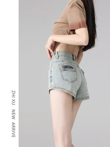 High Waist Stretchy Slimming Straight A-Line Mini Shorts Womens Summer New Style American Hot Girl Denim Shorts Cotton Elastomer