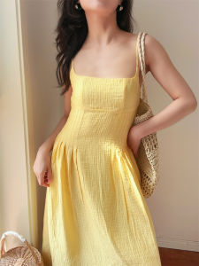 ชุดเดรสยาวสายเดี่ยวหลวมๆ หรูหราสไตล์ฝรั่งเศส DADANA ชุดเดรสยาวชายหาดสไตล์ INS สำหรับฤดูร้อน ชุดเดรสยาวคลุมเข่า แขนกุด คอเหลี่ยม