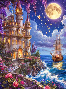 Jigsaw Puzzle 500/1000/1200/2000PCS Seaside Moon Boat Castle Landscape Artwork Stress Relief Puzzle Wall Art Decor Gift