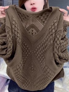 Fashionable Korean Style Hollow out Long Sleeve Knitted Sweater Quality Base Layer Shirt Trendy Commute Loose Fit V Neck