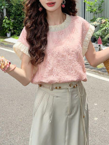 Shalldoer | French Style Floral Hollow Out Short Sleeve T-Shirt Womens Summer Loose Slimming Design Casual Round Neck Top Fashionable