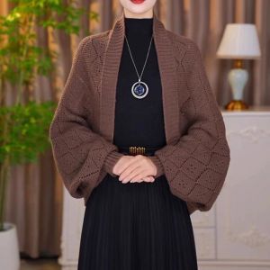 Fashionable Knitted Warmth-Boosting Autumn Winter Checkered Shoulder Shawl Hollow out Cardigan Versatile Lazy Style Trendy