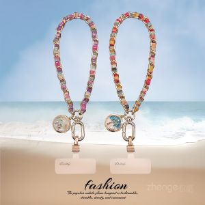 Short Beach-Themed Mobile Phone Lanyard with Colorful Painted Cloth Metal Chain Travel Anti-Loss Handheld Phone Strap for Hiking And Shopping