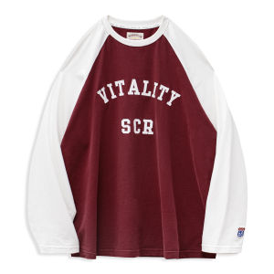 เสื้อยืดแขนยาวผู้หญิง Maden American Style ทรงหลวม ผ้าฝ้ายแท้ สีสันตัดกัน แฟชั่นฤดูใบไม้ร่วง คอกลม ปกติ