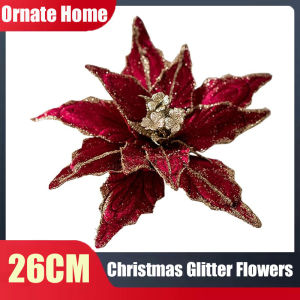 26CM Christmas Glitter Flowers Christmas Tree Wreath Ornaments Poinsettia Artificial Flower Xmas New Year Wedding Party Holiday DIY Decoration