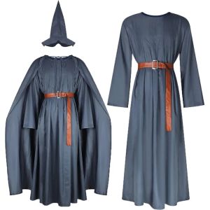 The Hobbit Gandalf Wizard Costume Pagan Tunic Costume Wizard Cloak Cosplay Grey Robe Hat Full Set Outfits for Adult
