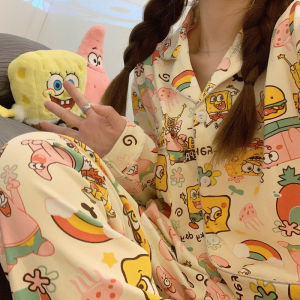 2024 New Style Long Sleeve Cotton Pajamas Womens Home Wear Sponge Bob Print Comfortable Sleepwear Two-Piece Set for Youth