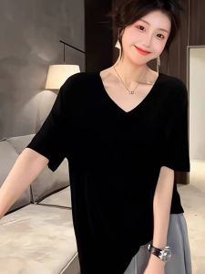 BINKAFENNY | French Style Black V-Neck Short Sleeve T-Shirt Womens Summer Plus Size Simple Commute Fashion Elegant Beautiful Top