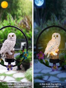 Modern Landscape Decor Resin Animal Lamp Owl Wind Chimes Outdoor Creative Hanging Solar Garden Light Iron Art Resin Body