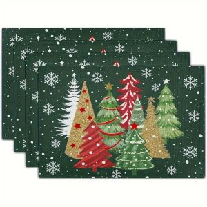 VIKAMA 4/6/8/10-Piece Christmas Placemats Christmas Pine Tree Decorative Table Mats & Coasters Holiday Party Home Decor