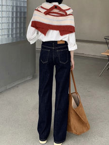 Deep Blue High Waist Straight Leg Fleece Lined Loose Wide Leg Casual Jeans Womens Autumn Winter plus Size Slimming Drapey Pants