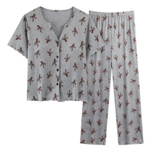 MiiOW | Ice Silk Womens Summer Thin Short Sleeve Long Pants Sleepwear Set Home Clothes Outdoor Wear With Chest Pad Integrated