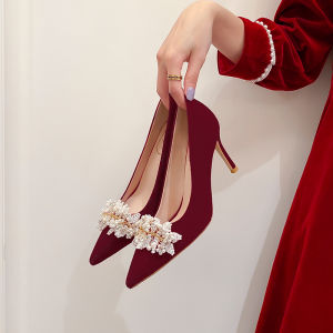 Red High Heels Womens Fashion Single Shoes Chinese Style Show Heel Bridemaid Shoes French Style Wedding Dress Shoes