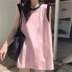Summer New Loose Womens Sleeveless Vest Pure Cotton Oversized Korean Style T-Shirt Trendy Color Block Commute Cotton Top