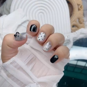 KL004 Nailbox thiết kế móng tay giả đen trắng đính nơ họa tiết mèo phong cách Y2K dễ dán tháo nhanh