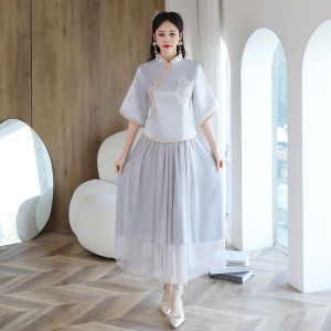 Grey Elegant Slimming Maids Dress Vintage Sister Wedding Party Gathering Long Skirt Style Spring Summer Fashionable Casual