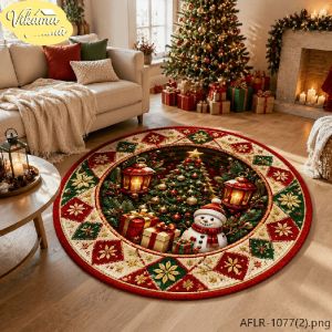 VIKAMA Christmas Round Rug Christmas Tree Snowman Poinsettia Area Rug Living Room Holiday Home Decor Aesthetic Art Large Premium