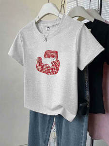 Loose Fit Womens Short Sleeve T-Shirt Grey Pure Cotton Summer Korean Style Casual Print round Neck Top Comfortable Breathable