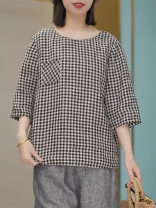 QINGNAER | Slim Fitted Gingham Design Summer Womens Shirt Loose Fit