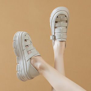 Genuine Leather Roman Style Sandals Womens Double Wear Hollow out Thick Heel Heightening 6cm Platform Summer New Small Size Casual Slippers