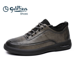 Goldlion Mens Casual Leather Shoes Soft Bottom Sports Footwear Trendy Business Flat Heel round Toe Rubber Outsole Shoes