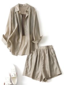 Linen Fashion Casual Set Summer Rayon Long Sleeve Sun Protection Shirt + Halter Vest Shorts Three Piece Set Womens Clothing